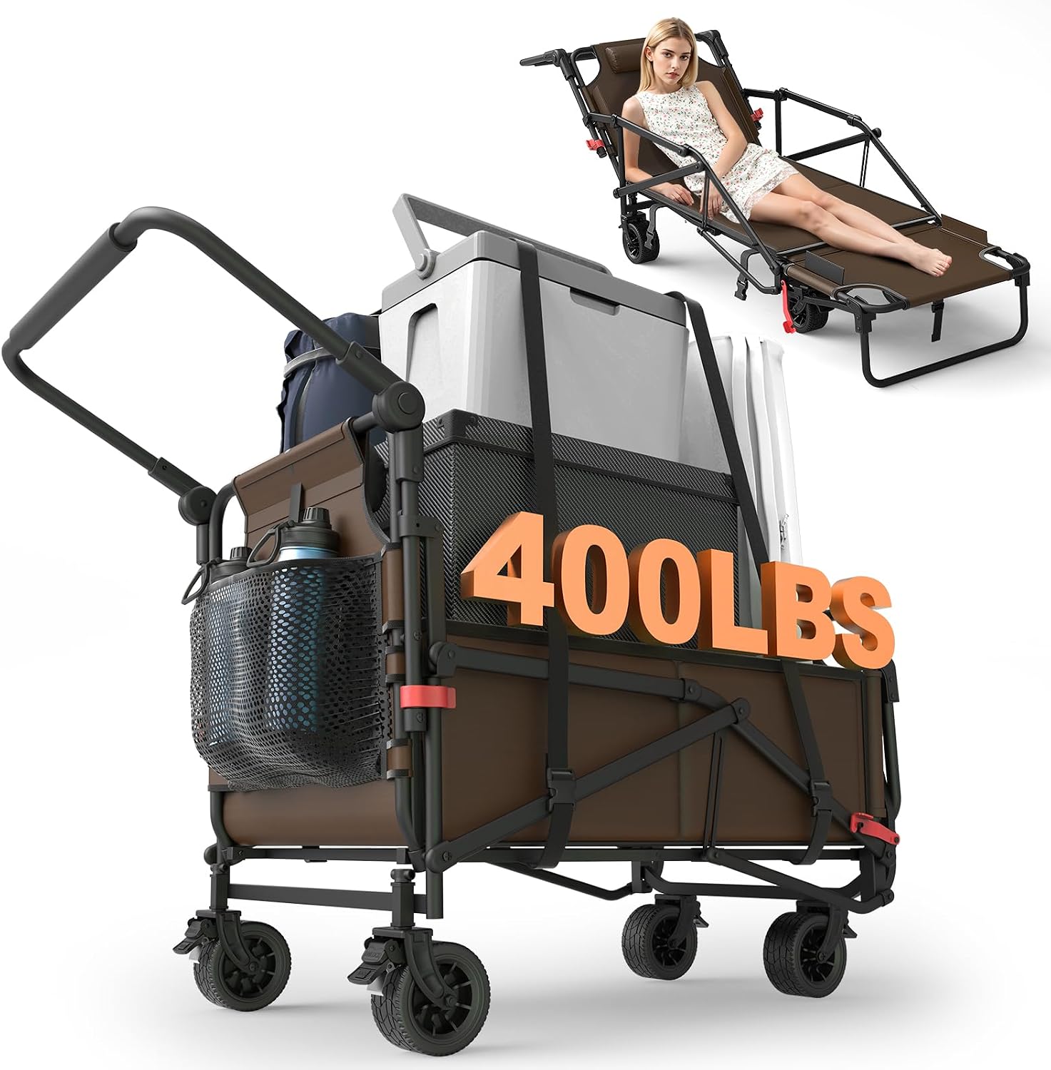 Heavy Duty Folding Wagon - 2-in-1 Collapsible Cart, All-Terrain Wheels w/Brakes & Side Pockets (Brown, 400lb Capacity)