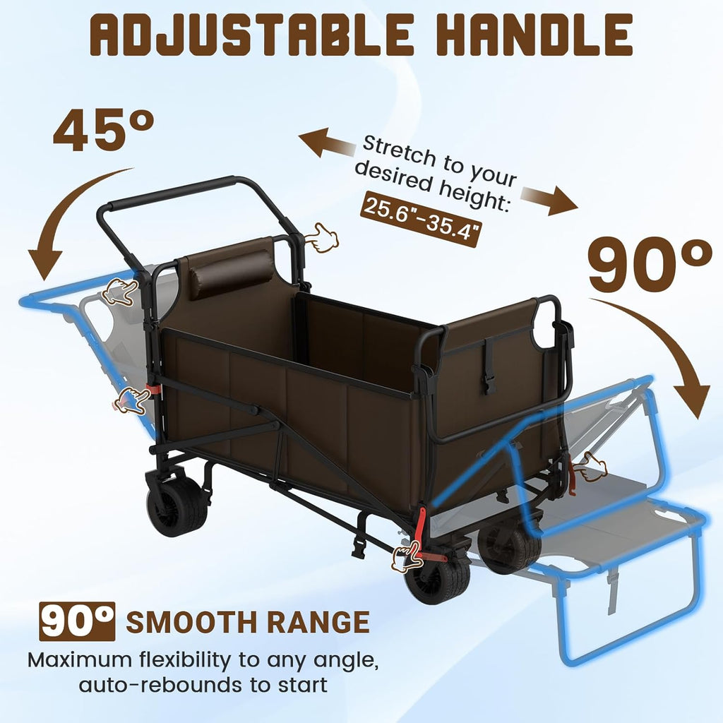 Heavy Duty Folding Wagon - 2-in-1 Collapsible Cart, All-Terrain Wheels w/Brakes & Side Pockets (Brown, 400lb Capacity)