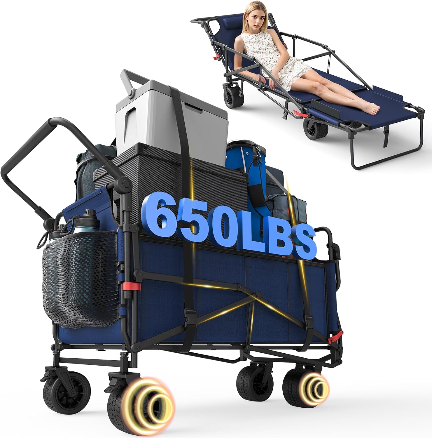 Heavy Duty Folding Wagon - 2-in-1 Collapsible Cart, All-Terrain Wheels w/Brakes & Side Pockets (Brown, 400lb Capacity)