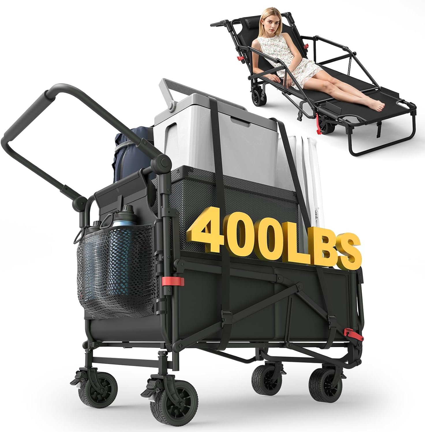 Heavy Duty Folding Wagon - 2-in-1 Collapsible Cart, All-Terrain Wheels w/Brakes & Side Pockets (Brown, 400lb Capacity)
