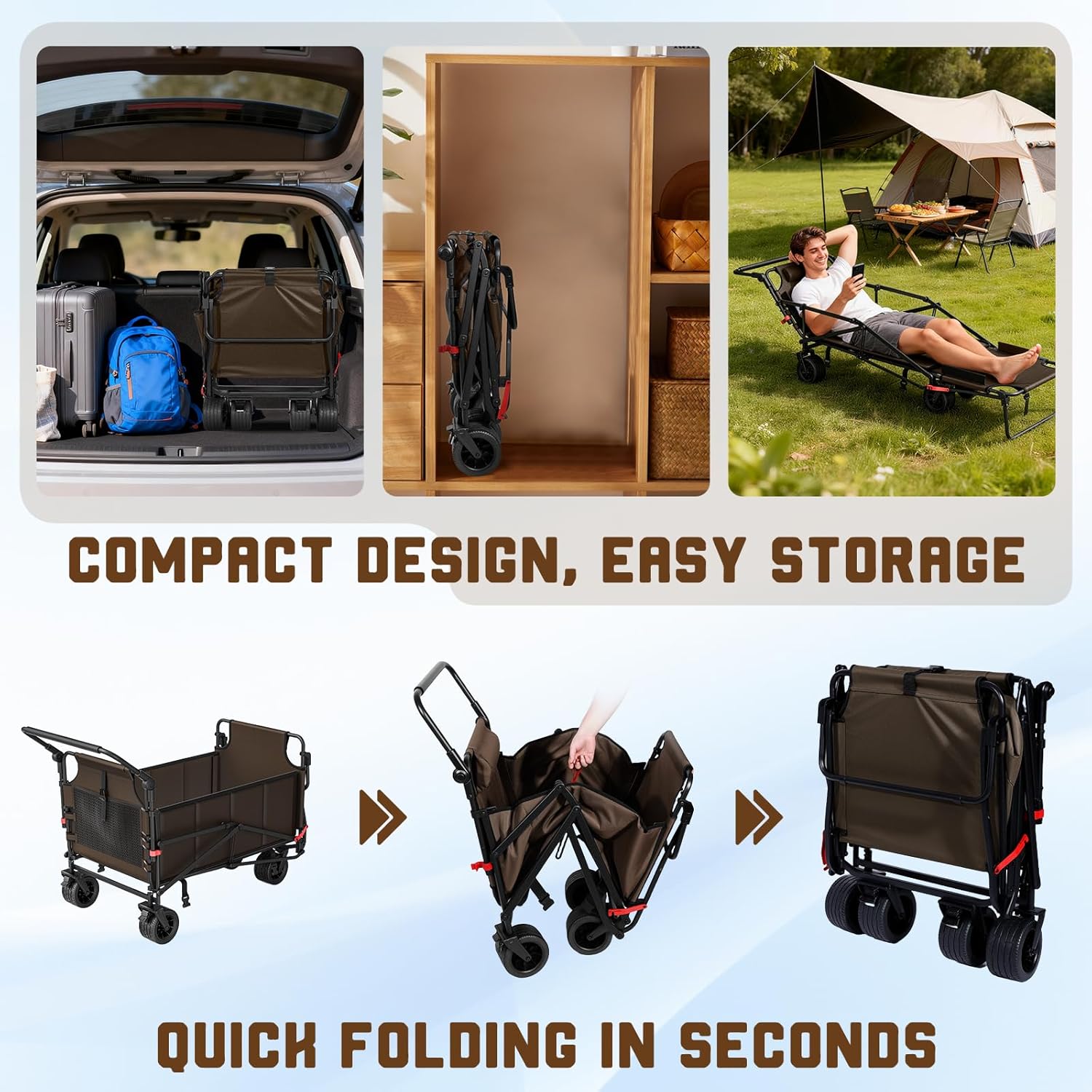 Heavy Duty Folding Wagon - 2-in-1 Collapsible Cart, All-Terrain Wheels w/Brakes & Side Pockets (Brown, 400lb Capacity)
