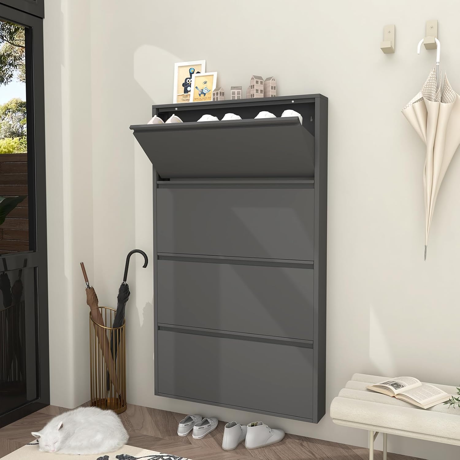 6 Inch Slim Wall Mounted Shoe Cabinet（No-Assembly）