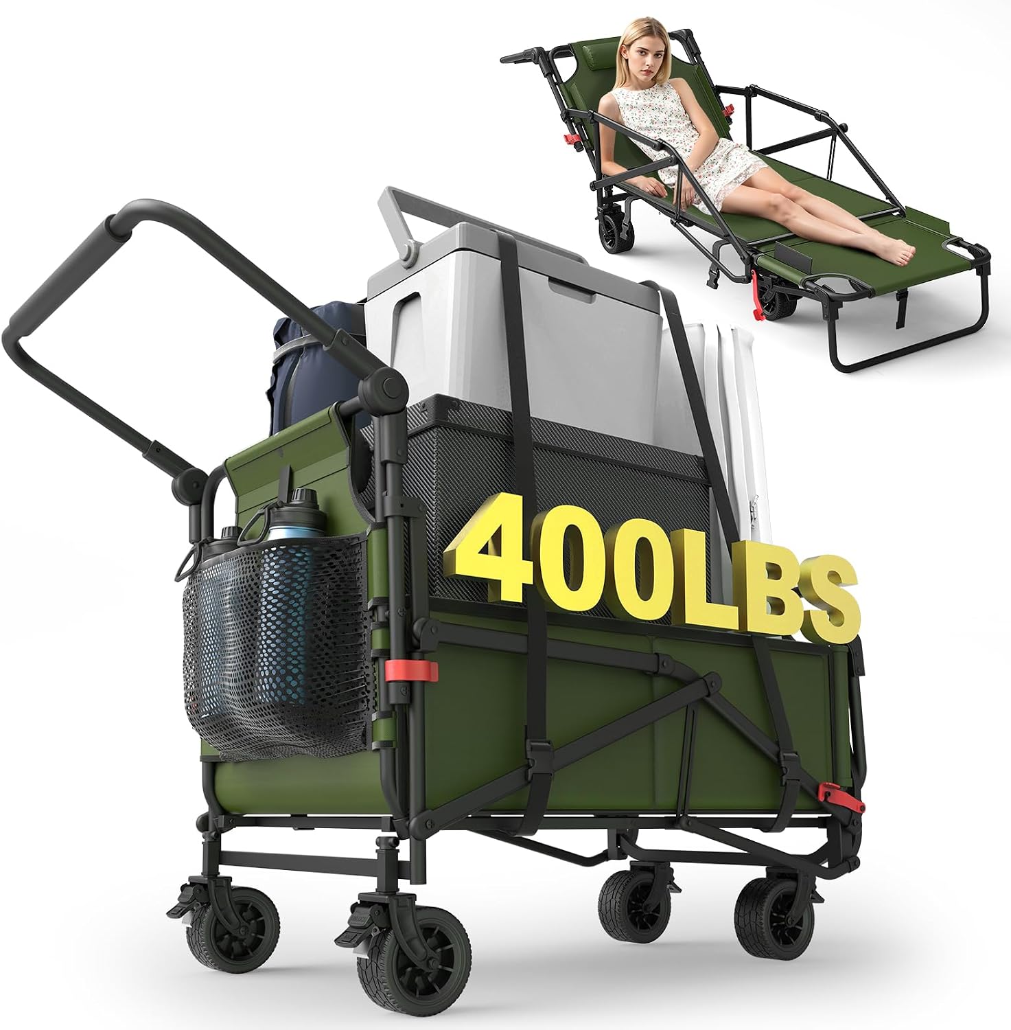 Heavy Duty Folding Wagon - 2-in-1 Collapsible Cart, All-Terrain Wheels w/Brakes & Side Pockets (Brown, 400lb Capacity)