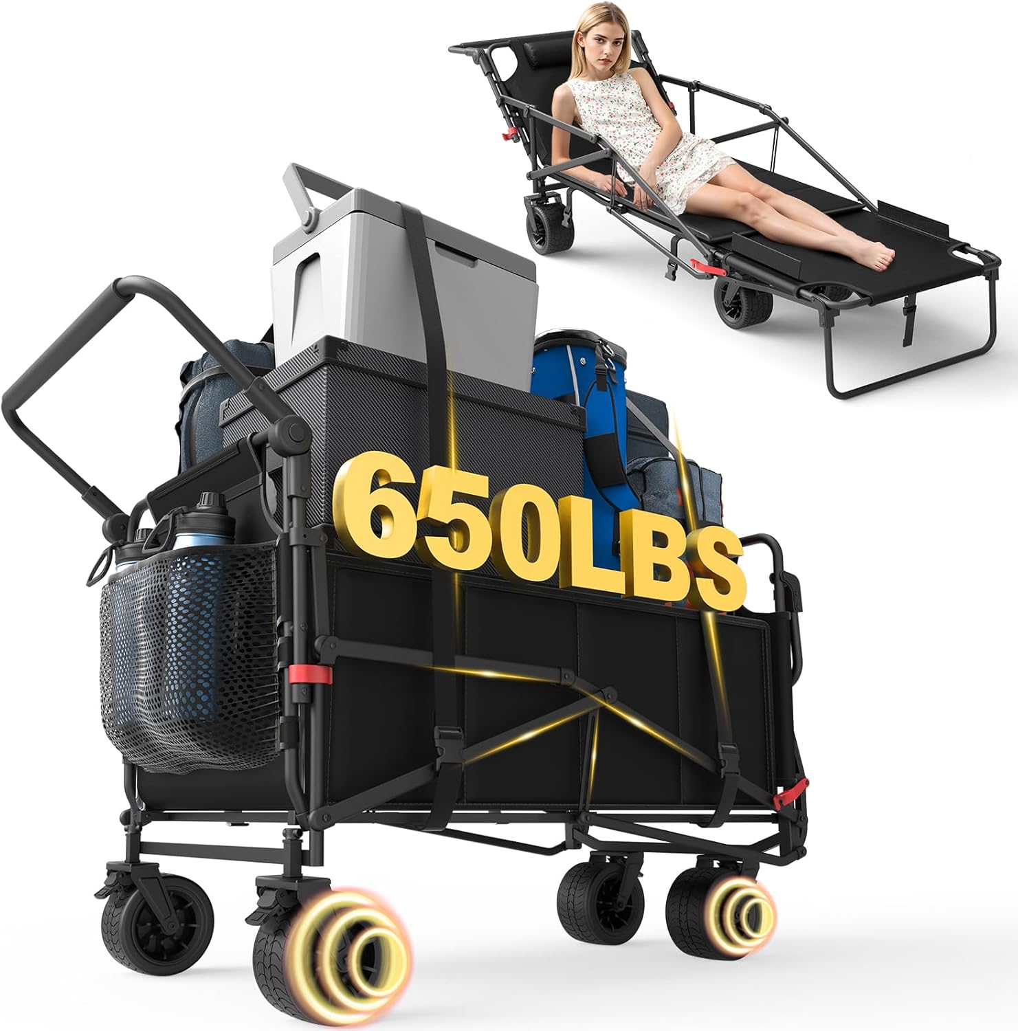 Heavy Duty Folding Wagon - 2-in-1 Collapsible Cart, All-Terrain Wheels w/Brakes & Side Pockets (Brown, 400lb Capacity)