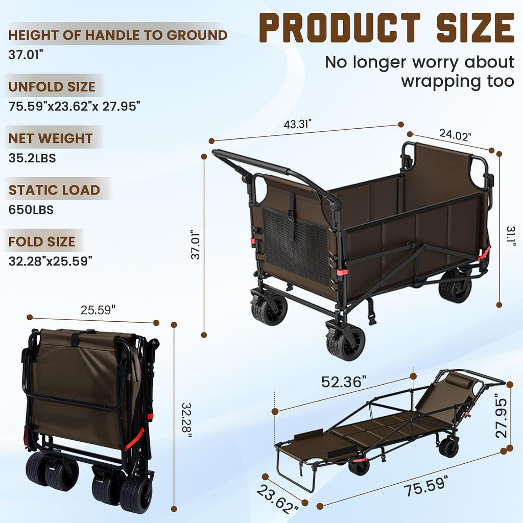 Heavy Duty Folding Wagon - 2-in-1 Collapsible Cart, All-Terrain Wheels w/Brakes & Side Pockets (Brown, 400lb Capacity)