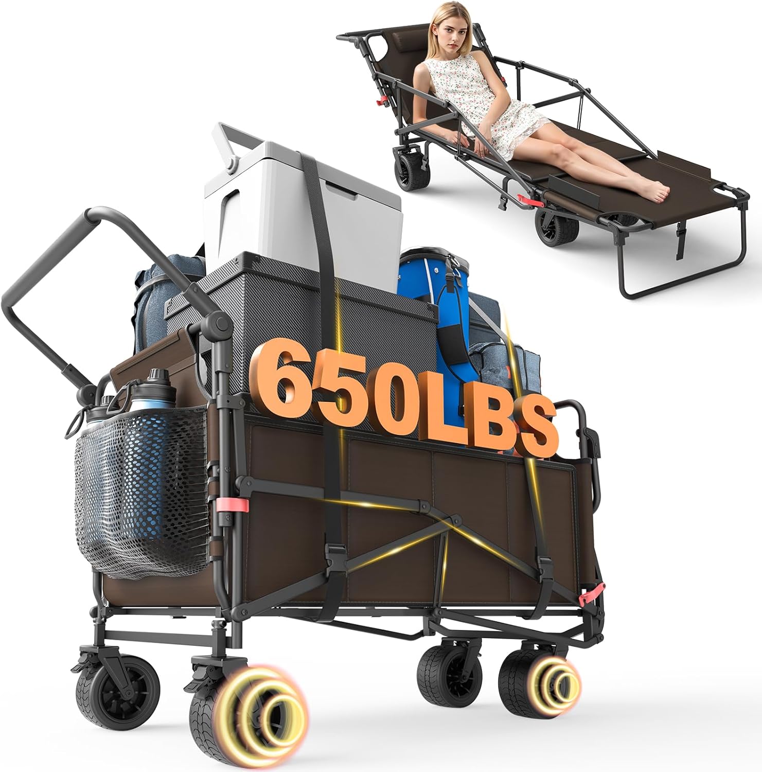 Heavy Duty Folding Wagon - 2-in-1 Collapsible Cart, All-Terrain Wheels w/Brakes & Side Pockets (Brown, 400lb Capacity)
