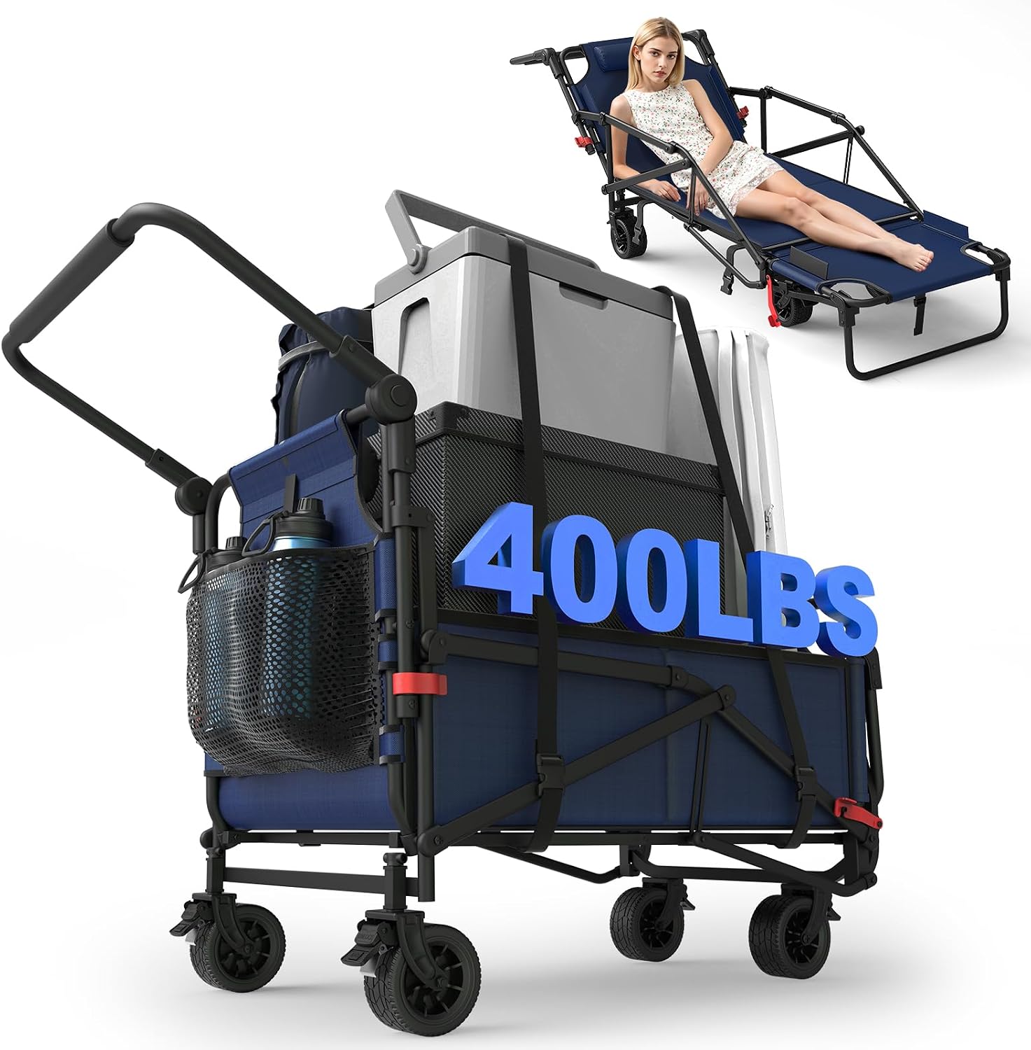 Heavy Duty Folding Wagon - 2-in-1 Collapsible Cart, All-Terrain Wheels w/Brakes & Side Pockets (Brown, 400lb Capacity)