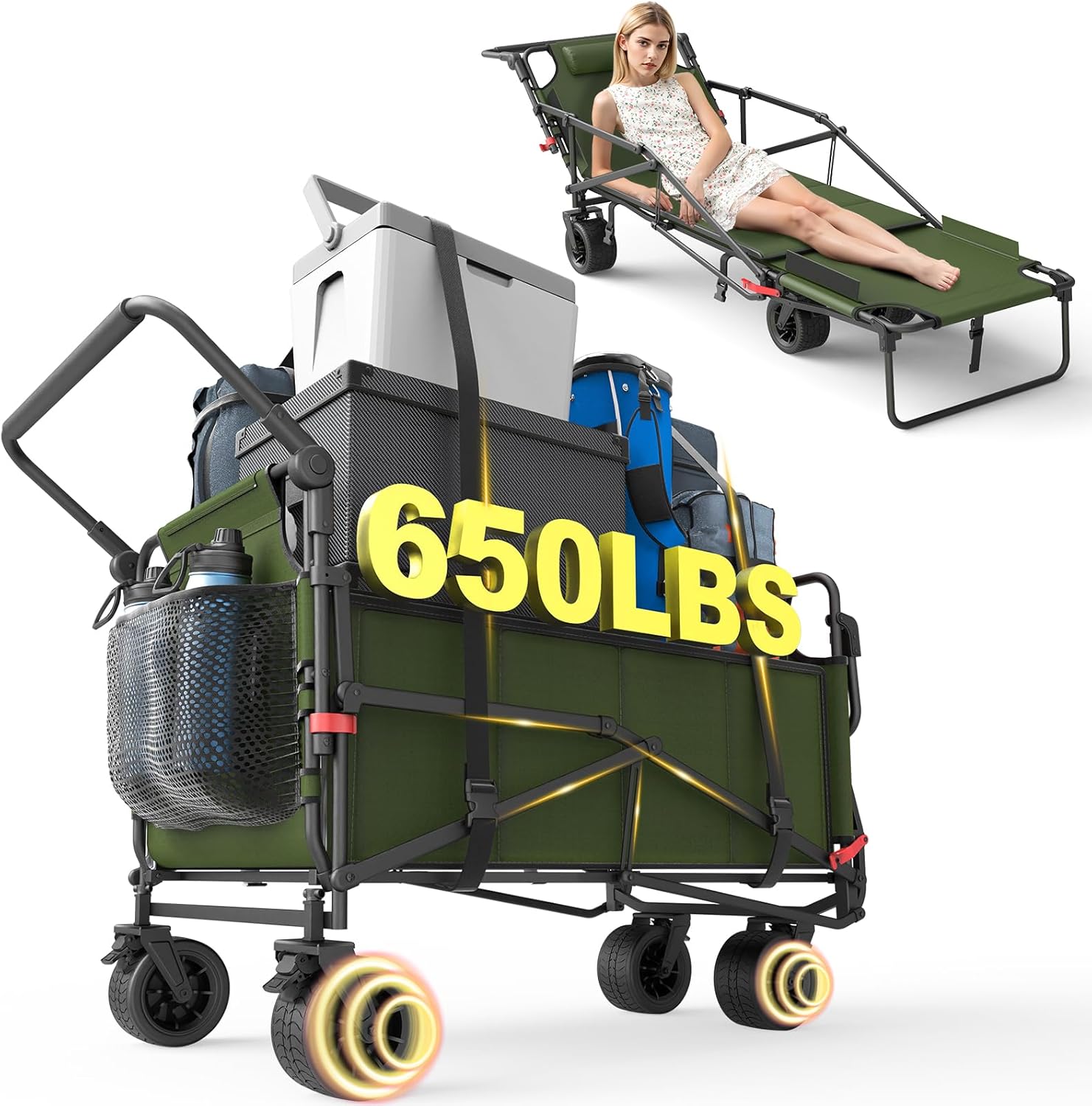 Heavy Duty Folding Wagon - 2-in-1 Collapsible Cart, All-Terrain Wheels w/Brakes & Side Pockets (Brown, 400lb Capacity)