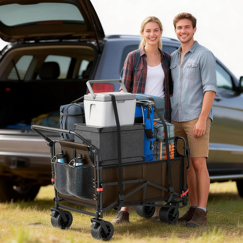 Heavy Duty Folding Wagon - 2-in-1 Collapsible Cart, All-Terrain Wheels w/Brakes & Side Pockets (Brown, 400lb Capacity)