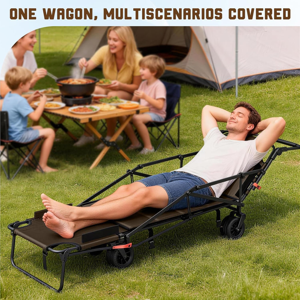Heavy Duty Folding Wagon - 2-in-1 Collapsible Cart, All-Terrain Wheels w/Brakes & Side Pockets (Brown, 400lb Capacity)