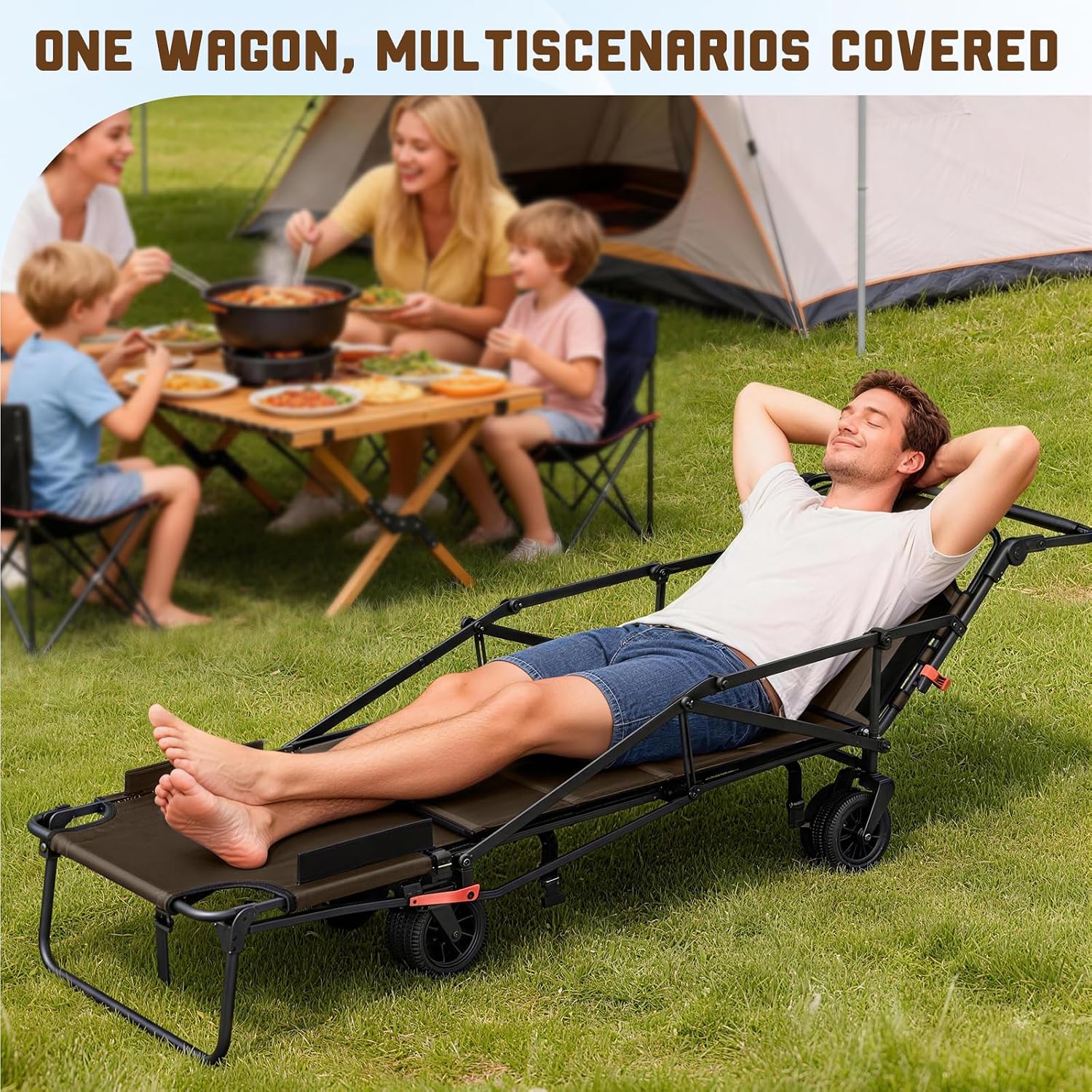 Heavy Duty Folding Wagon - 2-in-1 Collapsible Cart, All-Terrain Wheels w/Brakes & Side Pockets (Brown, 400lb Capacity)